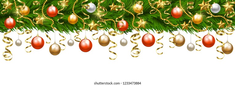 Christmas tree garland with baubles isolated on white