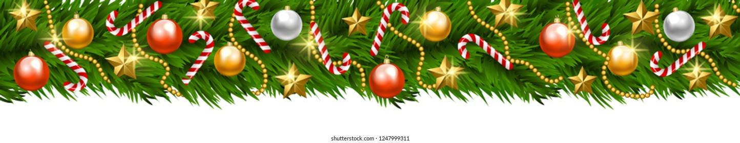 Christmas tree garland with baubles isolated on white