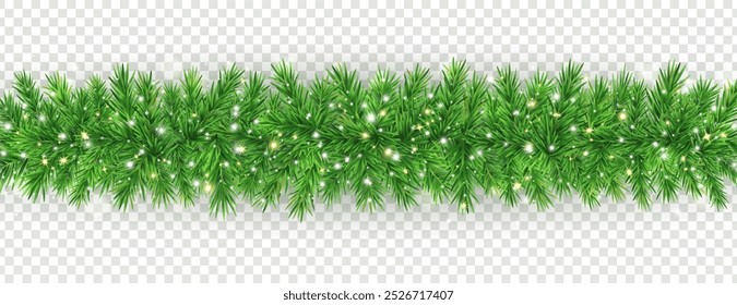 Christmas tree garland border. Green fir branches with golden stars, glitter light banner. Winter Holiday background. New Year card. Xmas evergreen pine plant. String baubles. Vector illustration.