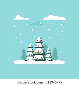 Christmas tree with garland, clouds, snow - vector illustration. Happy New Year. Winter snowy landscape, xmas.