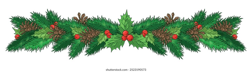 Guirnalda de árbol de Navidad emblema colorido con conos de abeto planta y Navidades acebo con bayas rojas Ilustración vectorial