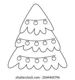Christmas tree with a garland, coloring book for children. Vector festive linear illustration