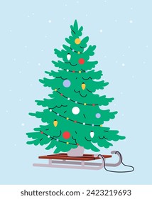Christmas tree with garland concept. Decor element for winter holidays and New Year, Noel Eve. Greeting postcard template. Cartoon flat vector illustration isolated on blue background
