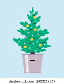 Christmas tree with garland concept. Decor element for winter holidays and New Year, Noel Eve. Sticker for social networks. Cartoon flat vector illustration isolated on blue background
