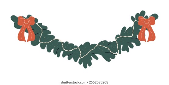 A Christmas tree garland decorated with ribbons and red bows. Winter holiday home decor. A flat vector illustration isolated on a white background.