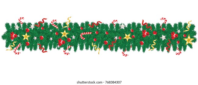 Christmas tree garland decorated with stars, serpentine, lollipops, red berries - isolated on white background - design element. Vector Illustration.