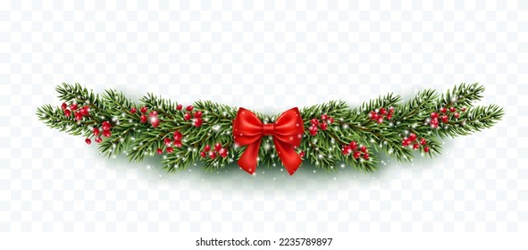 Christmas tree garland decoration with green fir branches, snow, berries, red bow isolated on transparent background. Vector  pine, xmas evergreen plant banner.