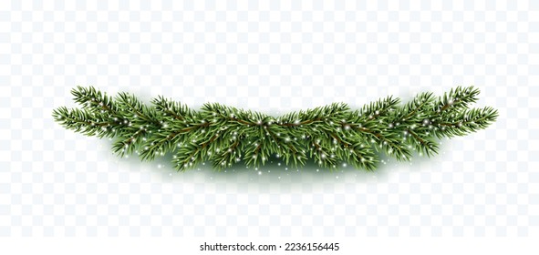 Christmas tree garland decoration with green fir branches and snow  isolated on transparent background. Vector snowy pine, xmas evergreen plant banner.