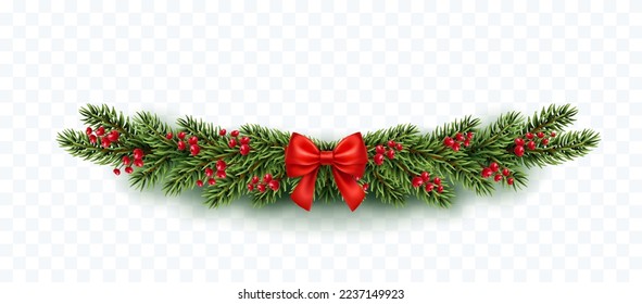 Christmas tree garland decoration with green fir branches, berries and red bow isolated on transparent background. Vector  pine, xmas evergreen plant banner.