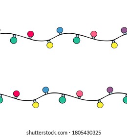 Christmas tree garland. Decorative decoration from light bulbs. Seamless horizontal border. Repeating vector pattern. Isolated background. Cartoon style. Endless Christmas ornament. Electric lights. 