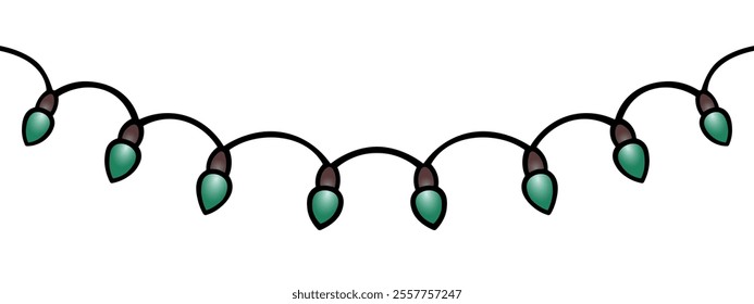 Christmas tree garland. Decorative ornament made of elongated green bulbs. Color vector illustration. Isolated white background. Cartoon style. Bright Christmas decoration. Electric lights. Christmas.