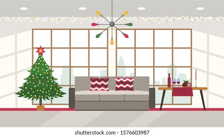 Christmas tree with a garland in the festive interior of the living room with panoramic windows and city views. Xmas concept. vector illustration
