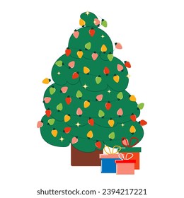 Christmas tree with garland and christmas gifts boxes in flat cartoon style on a white background isolated. Season's Greeting Card. Cute cartoon christmas elements Hand Drawn style. Christmas Template