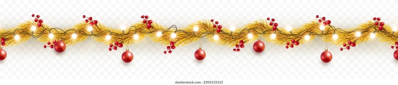 Christmas tree garland with golden fir branches, red balls, berries, gold lights isolated on transparent background. Pine, xmas plants seamless banner. Vector holiday border decoration