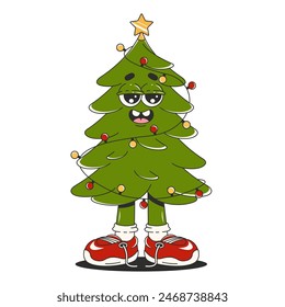 A Christmas tree with garland. Groovy cartoon character. Retro Xmas 60s, 70s vibes. Isolated vector Illustration.