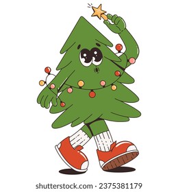 Christmas tree with garland holding a star Christmas toy. Funny retro cartoon character in trendy groovy style. 60 -70s vibes. Merry Christmas and Happy New Year.