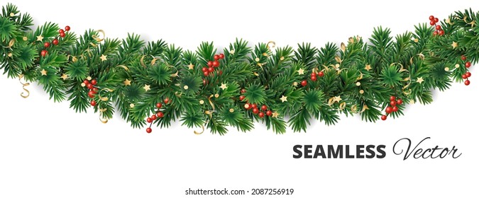 Christmas tree garland isolated on white. Can be seamlessly repeated horizontally. Realistic pine tree branches with decoration. Vector border for holiday banners, posters, cards, promotions.