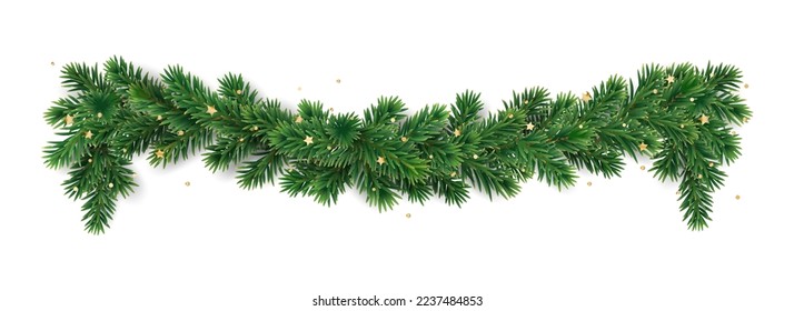 Christmas tree garland isolated on white. Realistic pine tree branches with golden confetti decoration. Vector border for holiday banners, party posters, cards, headers.