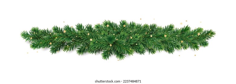 Christmas tree garland isolated on white. Realistic pine tree branches with golden confetti decoration. Vector border for holiday banners, party posters, cards, headers.