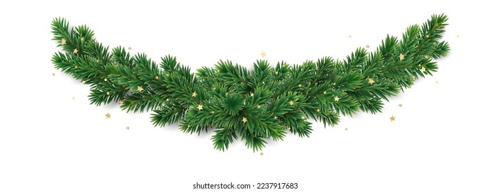 Christmas tree garland isolated on white. Realistic pine tree branches with golden confetti decoration. Vector border for holiday banners, party posters, cards, headers.