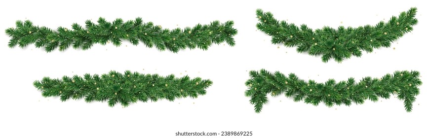 Christmas tree garland isolated on white. Realistic pine tree branches with golden confetti decoration. Vector border for holiday banners, party posters, cards, headers.