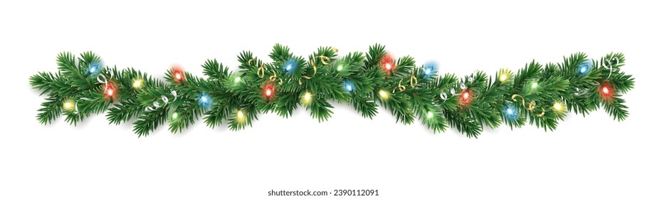 Christmas tree garland isolated on trasparent background. Realistic pine tree branches with colourful Christmas lights decoration. Vector border for holiday banners, posters, cards.