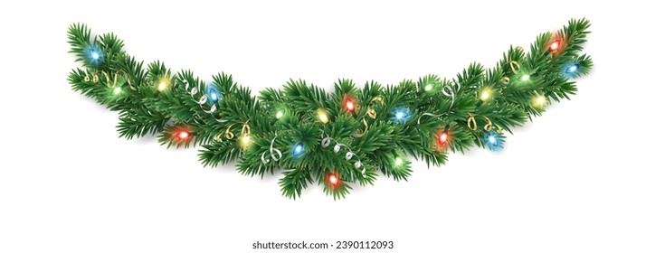 Christmas tree garland isolated on trasparent background. Realistic pine tree branches with colourful Christmas lights decoration. Vector border for holiday banners, posters, cards.