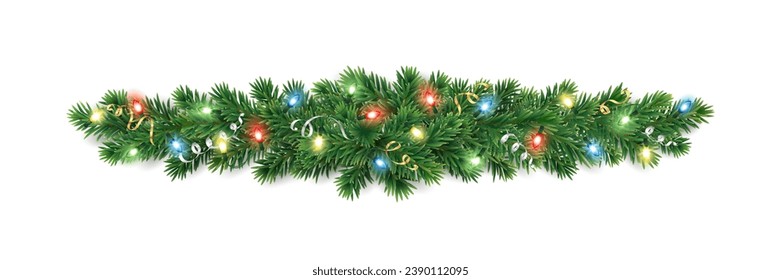 Christmas tree garland isolated on trasparent background. Realistic pine tree branches with colourful Christmas lights decoration. Vector border for holiday banners, posters, cards.