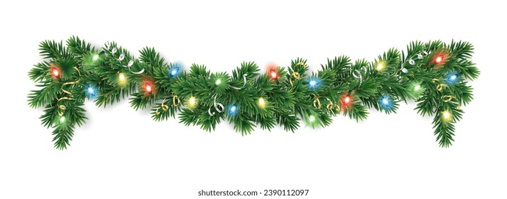 Christmas tree garland isolated on trasparent background. Realistic pine tree branches with colourful Christmas lights decoration. Vector border for holiday banners, posters, cards.