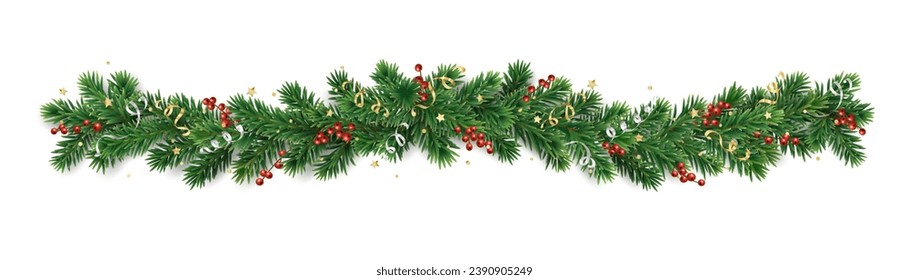 Christmas tree garland isolated on transparent background. Realistic pine tree branches with holly berry decoration. Vector border for holiday banners, party posters, cards, headers.