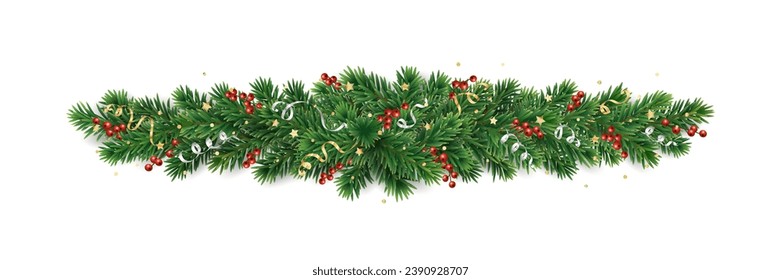 Christmas tree garland isolated on transparent background. Realistic pine tree branches with holly berry decoration. Vector border for holiday banners, party posters, cards, headers.