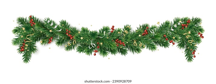 Christmas tree garland isolated on transparent background. Realistic pine tree branches with holly berry decoration. Vector border for holiday banners, party posters, cards, headers.