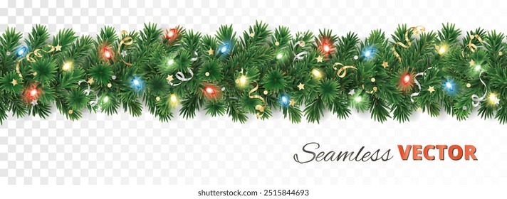 Christmas tree garland isolated on white. Can be seamlessly repeated horizontally. Realistic pine tree branches with Christmas lights decoration. Vector border for holiday banners, posters, cards.