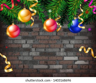 Christmas tree garland on the background of an old brick empty wall. Christmas balls on the garland. New year background 2020. Vector illustration