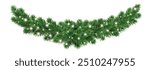 Christmas tree garland on transparent background. Realistic pine-tree branches with glowing sparkling Christmas lights decoration. Vector border for holiday banners, party posters, cards, headers.