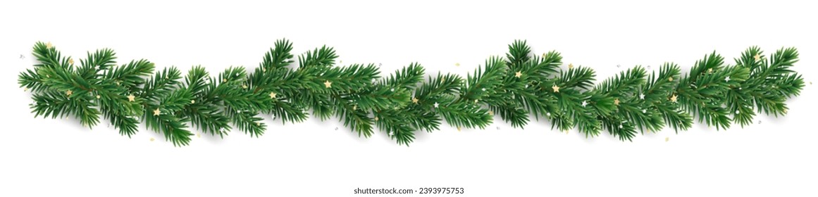 Christmas tree garland on transparent background. Holiday fir tree decoration, festive Christmas divider. Winter season frame, realistic spruce branch with golden confetti. Vector.