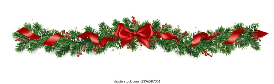 Christmas tree garland on transparent background, vector illustration. Realistic pine tree branches with red bow and ribbons. Decoration for holiday banners, party posters, cards, headers.