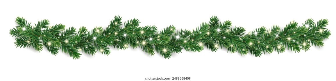 Christmas tree garland on transparent background. Realistic pine-tree branches with glowing sparkling Christmas lights decoration. Vector border for holiday banners, party posters, cards, headers.