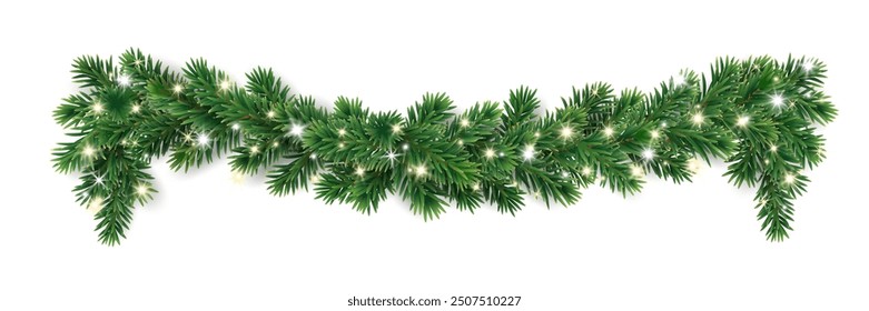 Christmas tree garland on transparent background. Realistic pine-tree branches with glowing sparkling Christmas lights decoration. Vector border for holiday banners, party posters, cards, headers.