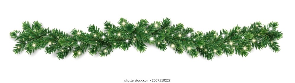 Christmas tree garland on transparent background. Realistic pine-tree branches with glowing sparkling Christmas lights decoration. Vector border for holiday banners, party posters, cards, headers.