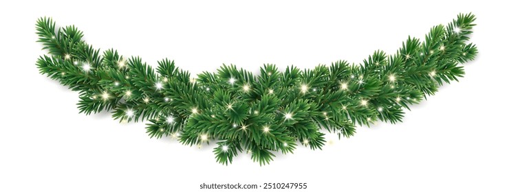 Christmas tree garland on transparent background. Realistic pine-tree branches with glowing sparkling Christmas lights decoration. Vector border for holiday banners, party posters, cards, headers.