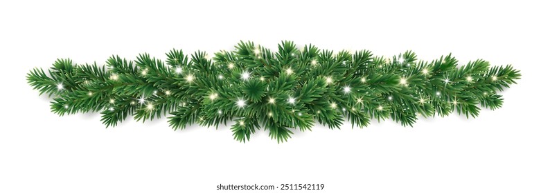 Christmas tree garland on transparent background. Realistic pine-tree branches with glowing sparkling Christmas lights decoration. Vector border for holiday banners, party posters, cards, headers.