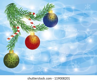 Christmas Tree Garland with Ornaments and Candy Cane on Snowflakes Bokeh Background Vector Illustration