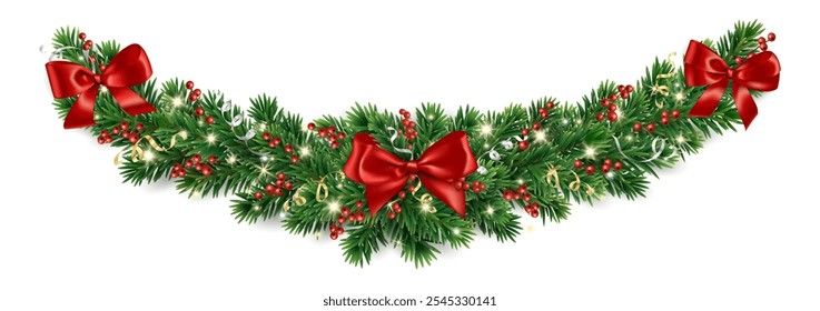 Christmas tree garland. Realistic pine tree branches with red bow and ribbons. Decoration for holiday banners, party posters, cards, headers, social media. Transparent background in vector file.