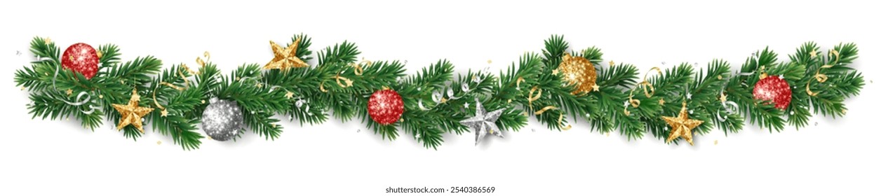 Weihnachtsbaumgirlande. Realistische Kiefernzweige mit roten und goldenen Weihnachtsglitzerornamenten. Dekoration für Feiertagsbanner, Partyplakate, Grußkarten, Verpackungen, Social Media, Merchandise.