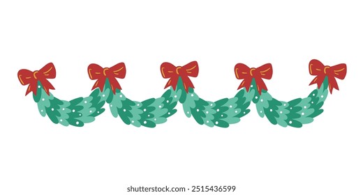 grinalda de árvore de Natal com arcos vermelhos. Ilustração vetorial em estilo infantil desenhado à mão simples. Isolar em um plano de fundo branco