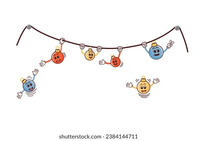 Christmas tree garland. Retro character in cartoon fashionable groovy style. The atmosphere is from the 60s and 70s. Merry Christmas and Happy New Year. Vector illustration
