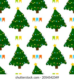 Christmas Tree with garland seamless pattern. Vector illustration. 