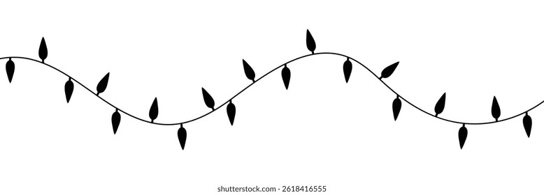 Christmas tree garland. Sketch. Decorative ornament made of round bulbs. Vector illustration. Outline on isolated background. Doodle style. Coloring for kids. Christmas decoration. Electric lights. 