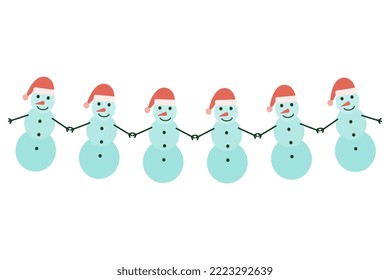 Christmas tree garland of snowmen in Santa hat. Vector drawing.